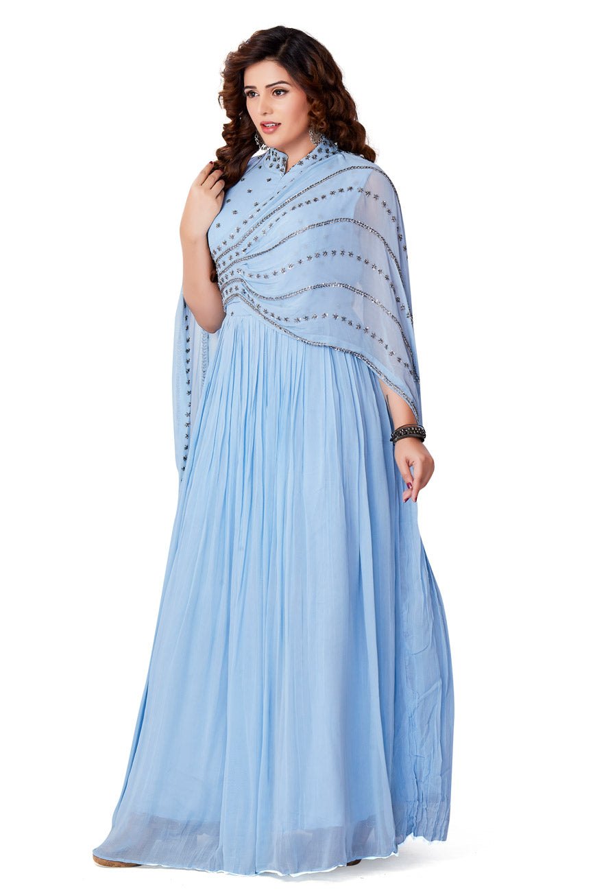 Pastel Blue Anarkali Set with Pre Stitched Dupatta