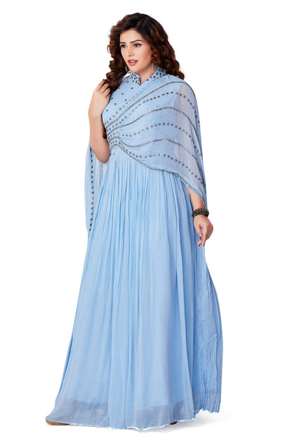 Pastel Blue Anarkali Set with Pre Stitched Dupatta