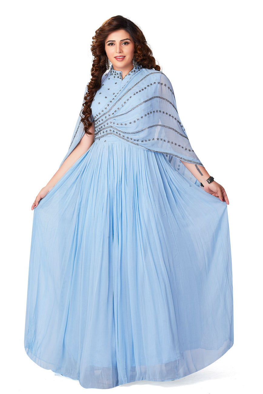 Pastel Blue Anarkali Set with Pre Stitched Dupatta