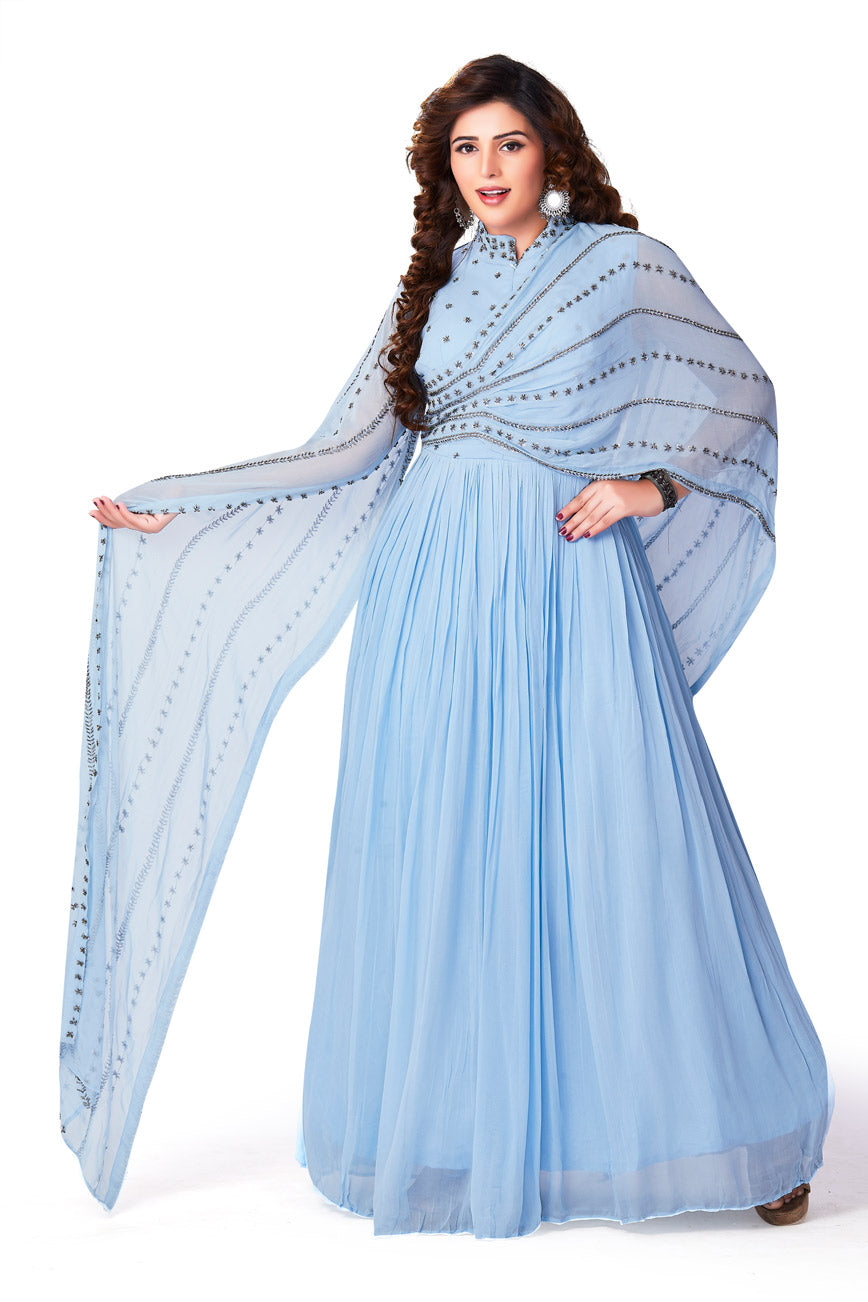 Pastel Blue Anarkali Set with Pre Stitched Dupatta