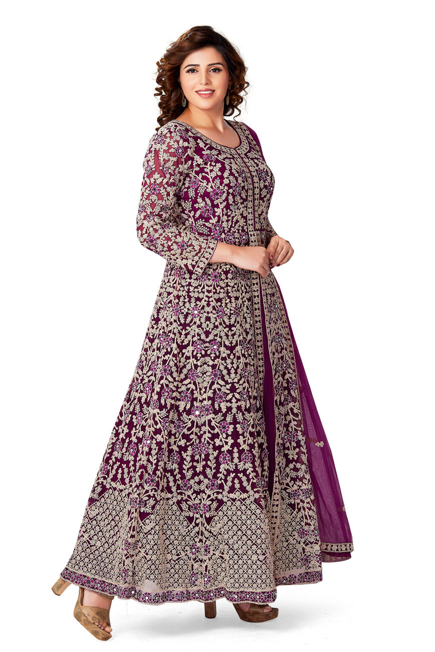 Wine Embroidered Anarkali Set