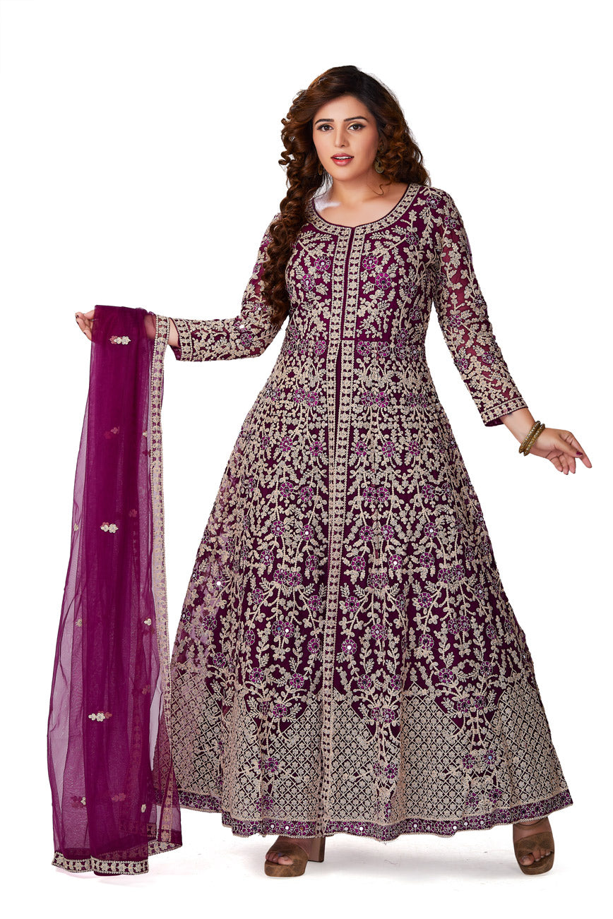 Wine Embroidered Anarkali Set