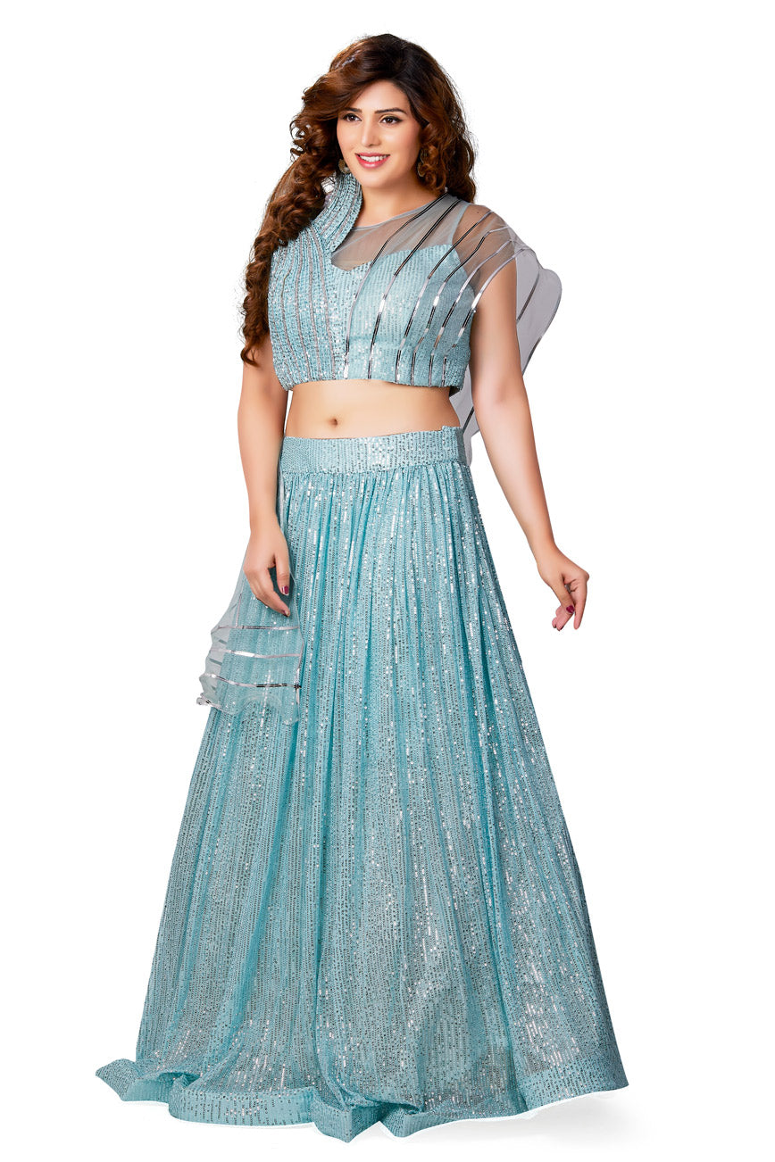 Turquoise Blue Crop Top Shimmery Lehenga Set