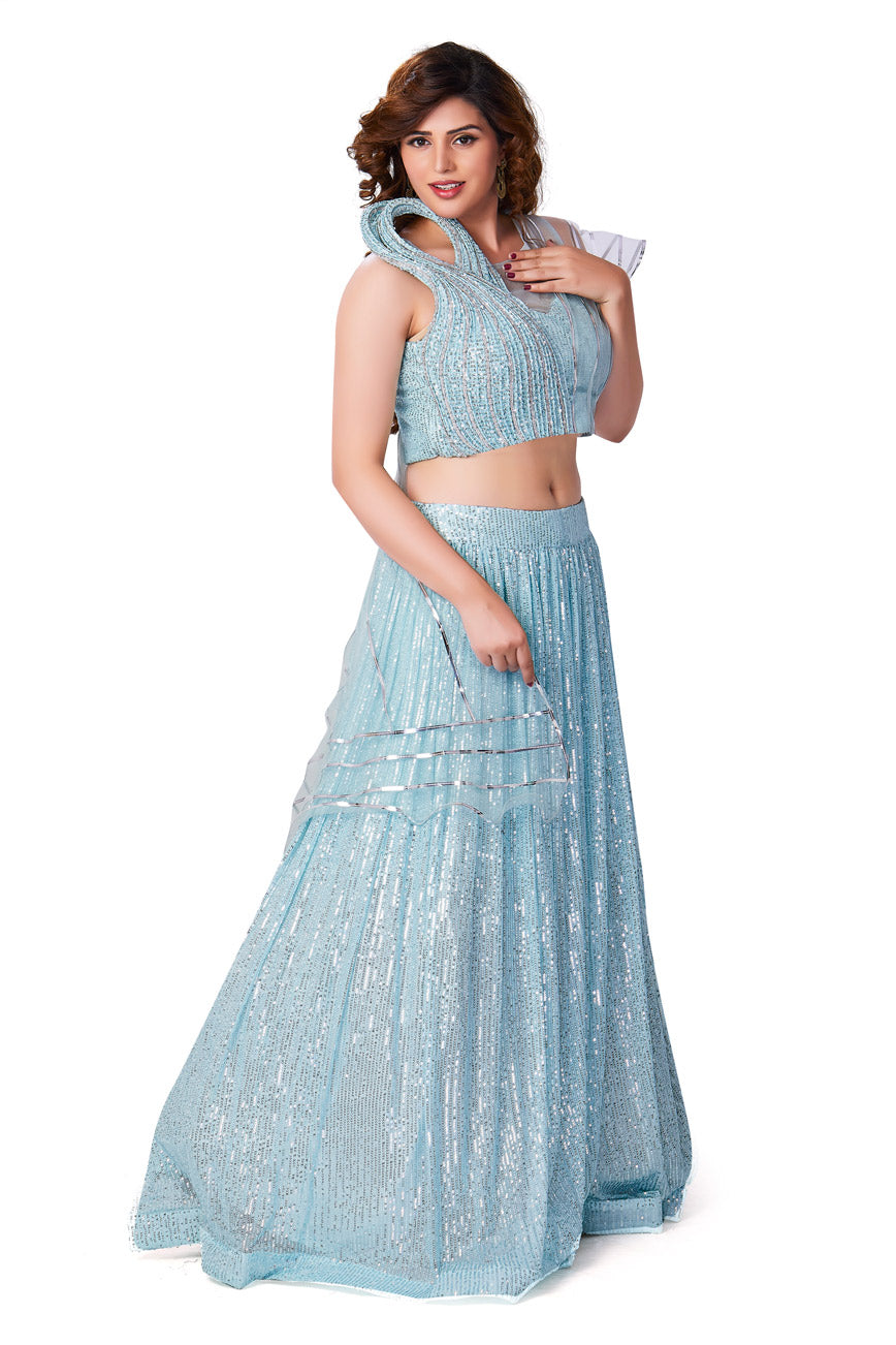 Turquoise Blue Crop Top Shimmery Lehenga Set