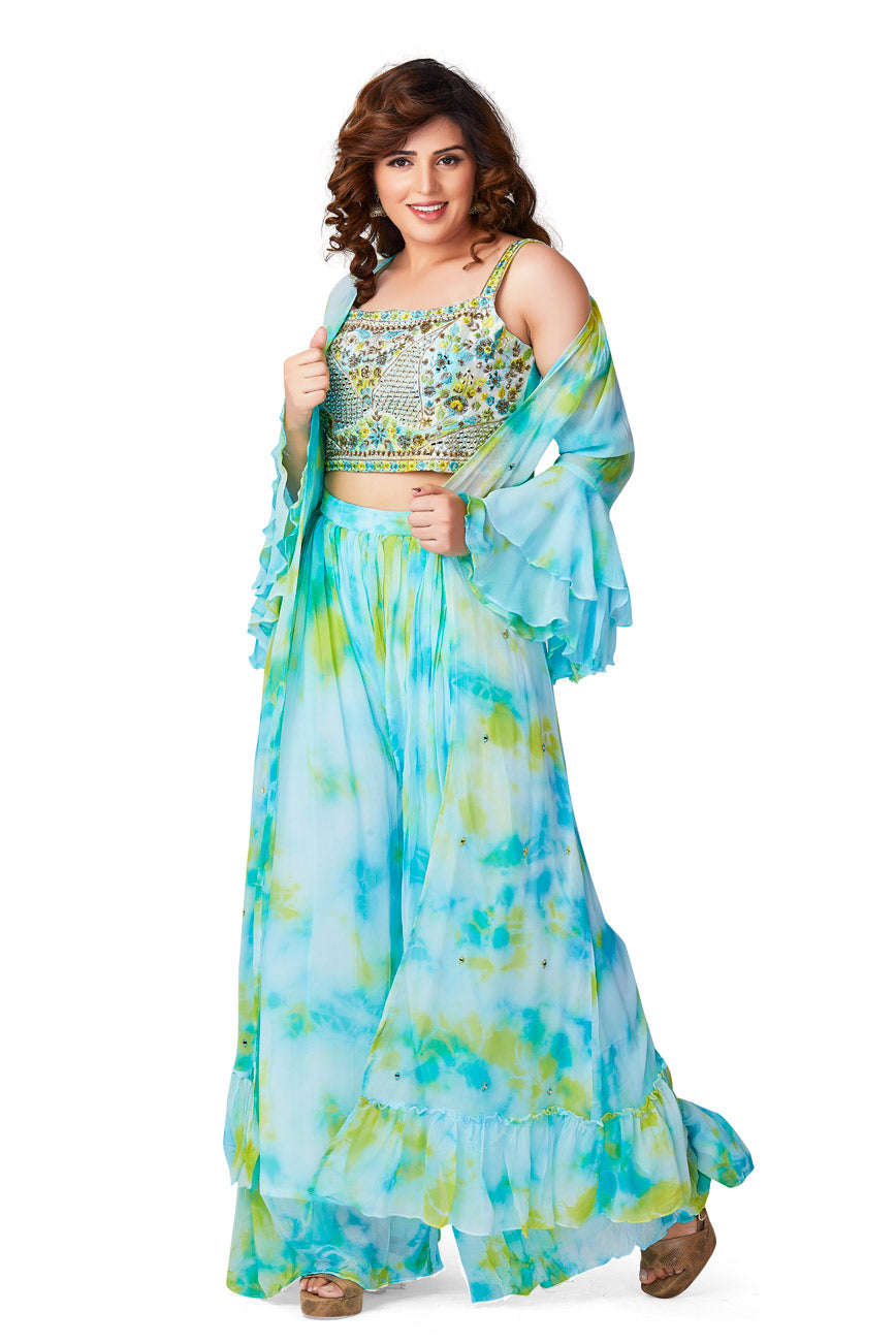 Blue Tie-Dye with Mirrorwork Palazzo Set-AariAmi Boutique