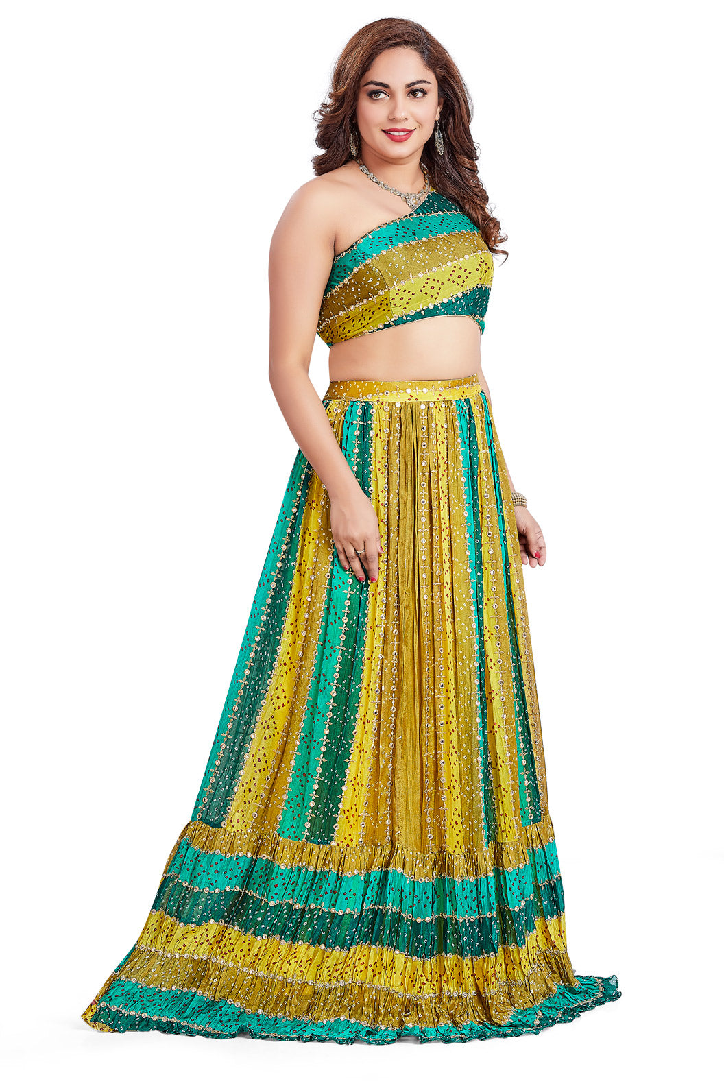 Mustard and Green Bandhej Lehenga Set-AariAmi Boutique