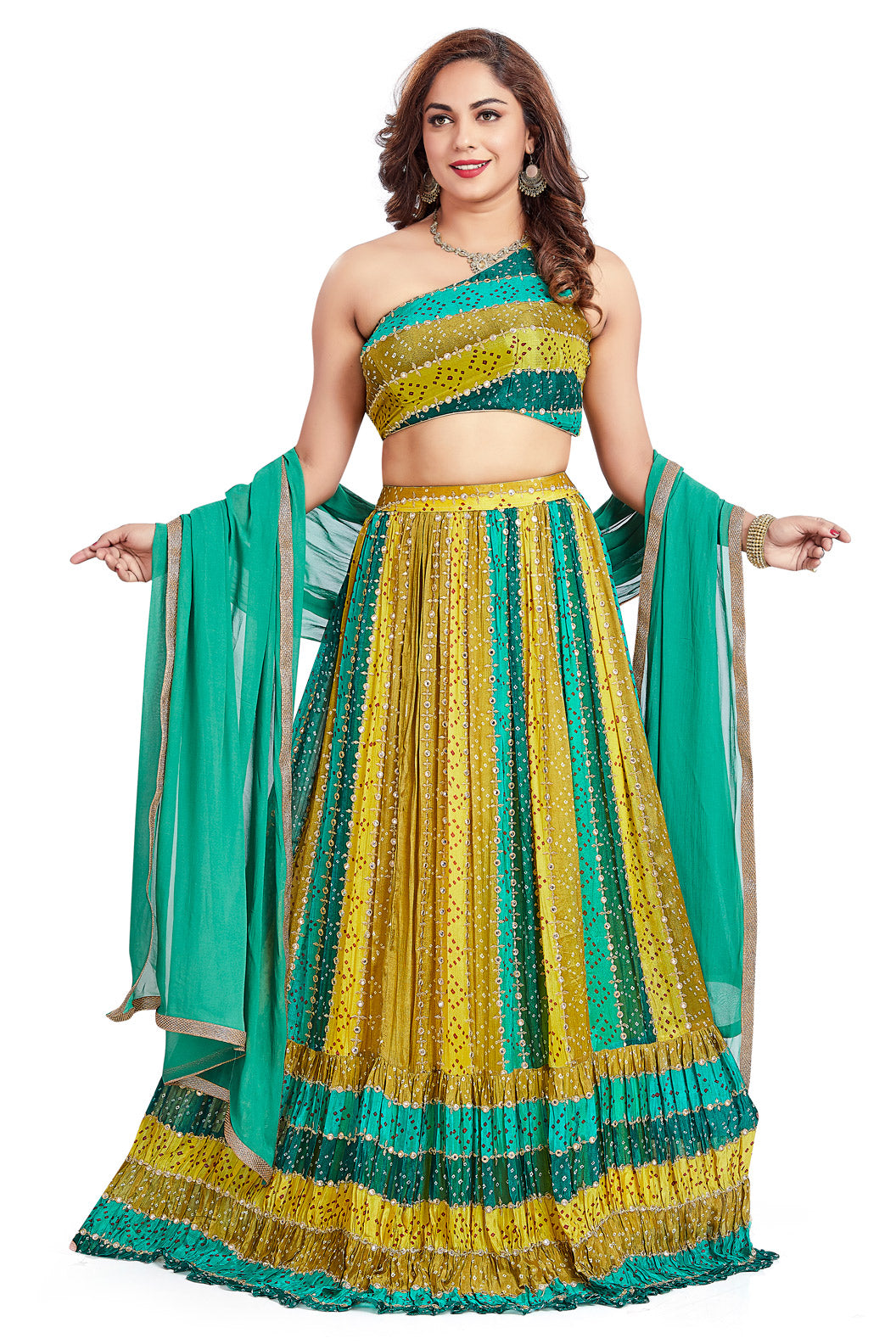 Mustard and Green Bandhej Lehenga Set-AariAmi Boutique