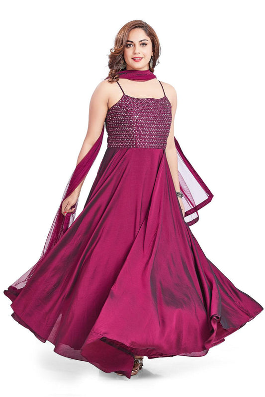 Burgundy Monochrome Mirrorwork Anarkali Set-AariAmi Boutique