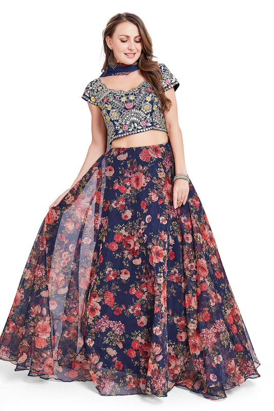 Blue Floral Printed Mirrorwork Crop Top Lehenga Set-AariAmi Boutique