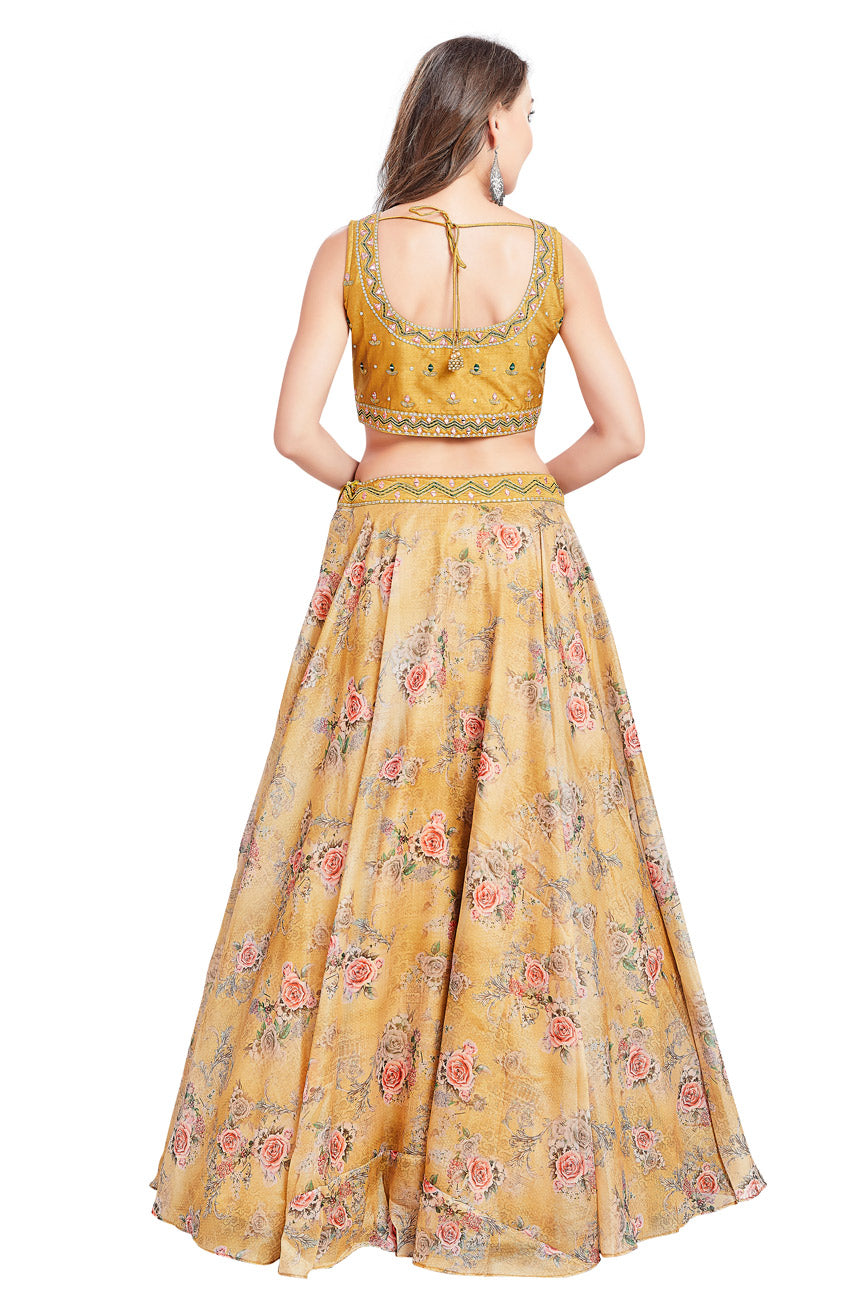 Orange Floral Printed Mirrorwork Lehenga Set-AariAmi Boutique