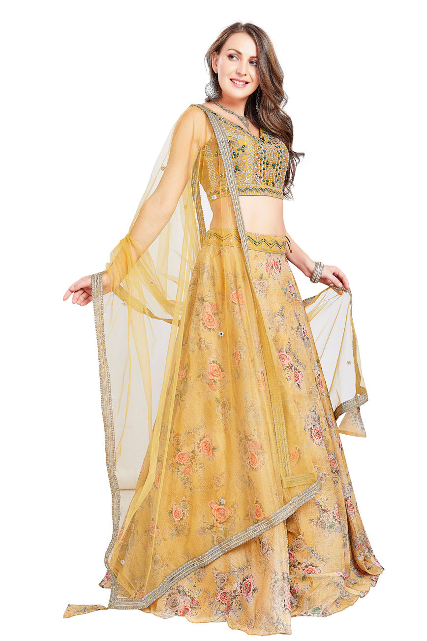 Orange Floral Printed Mirrorwork Lehenga Set-AariAmi Boutique