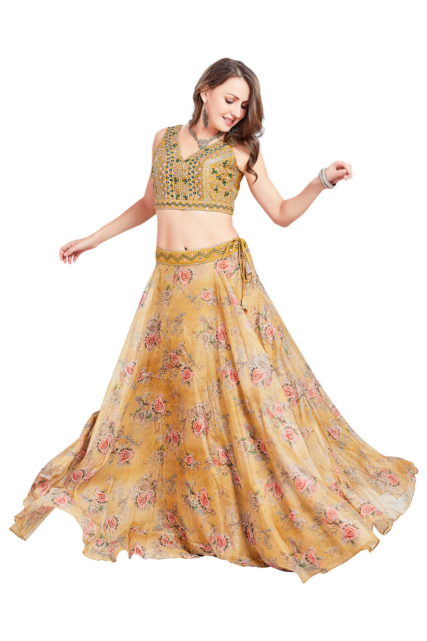 Orange Floral Printed Mirrorwork Lehenga Set-AariAmi Boutique