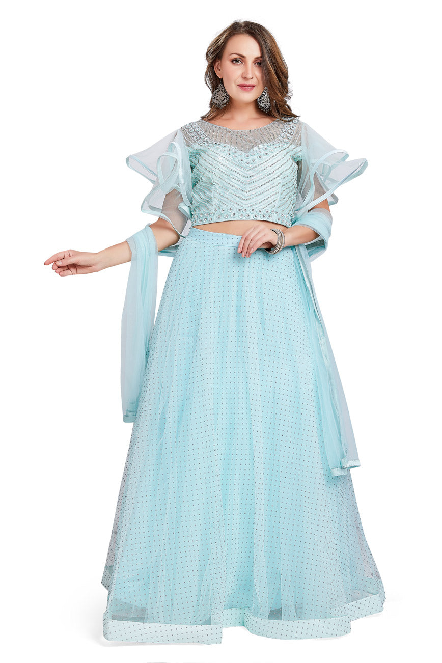 Icy Blue Crop Top Lehenga Set-AariAmi Boutique