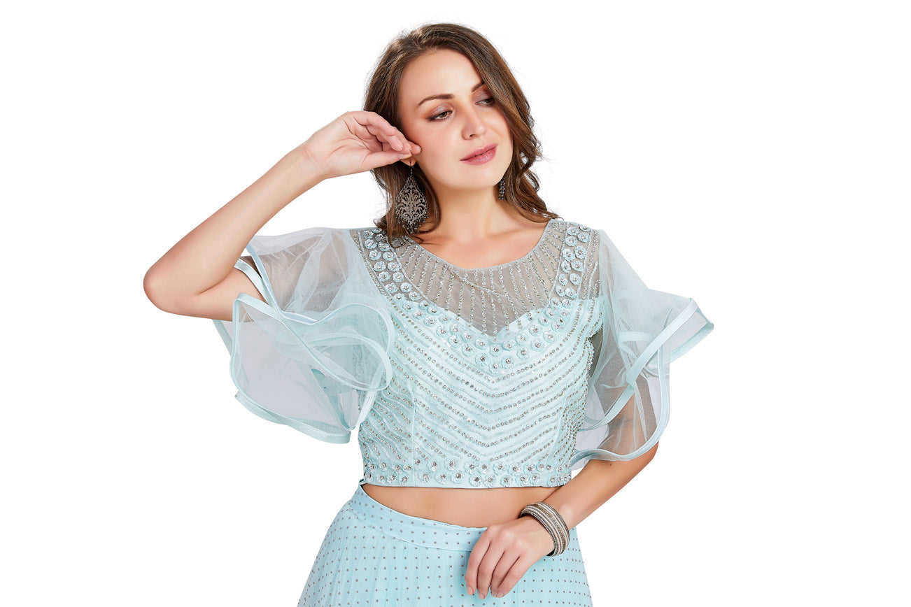 Icy Blue Crop Top Lehenga Set-AariAmi Boutique