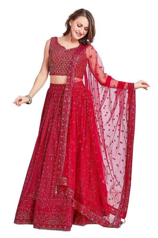 Dark Pink Lucknowi Sequin Studded Lehenga Set-AariAmi Boutique