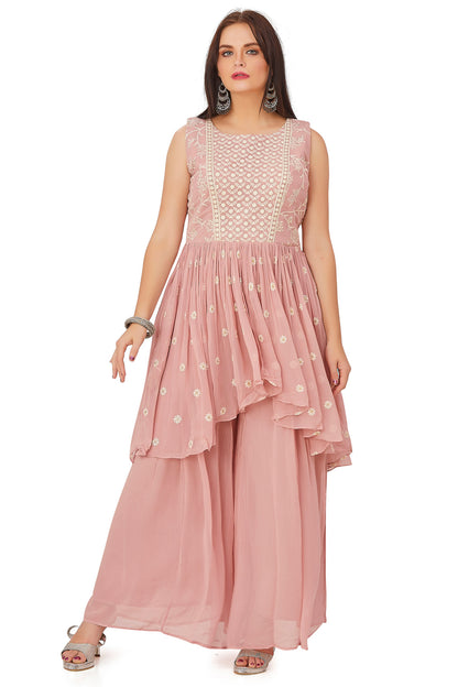 Peach Lucknowi Embroidered Palazzo Set-AariAmi Boutique