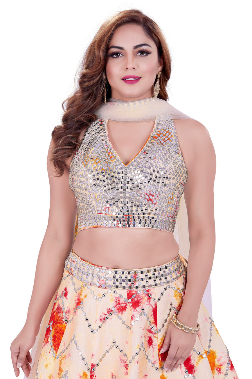 Peach Mirrorwork Halter Neck Tie-Dye Lehenga Set-AariAmi Boutique