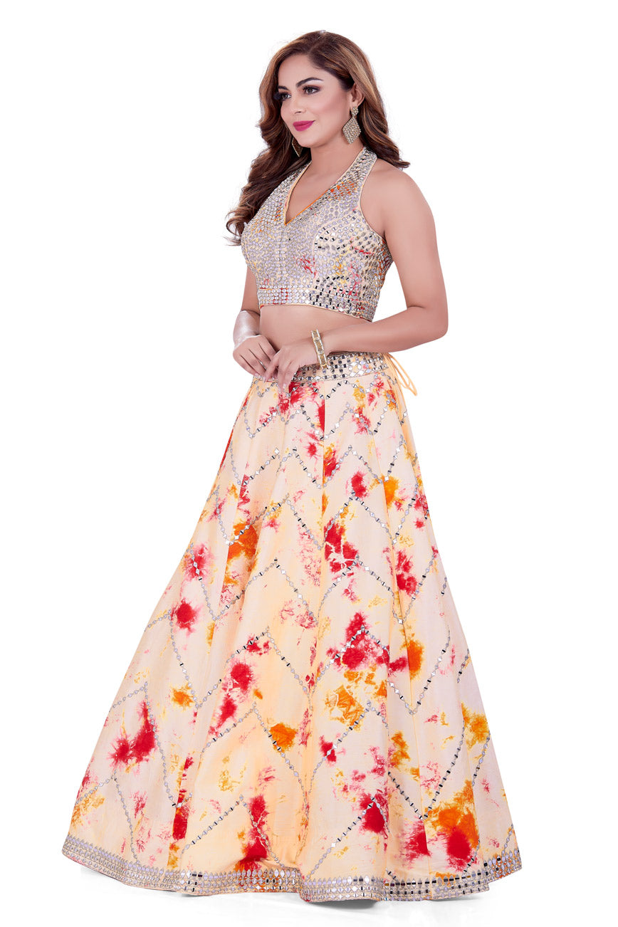 Peach Mirrorwork Halter Neck Tie-Dye Lehenga Set-AariAmi Boutique