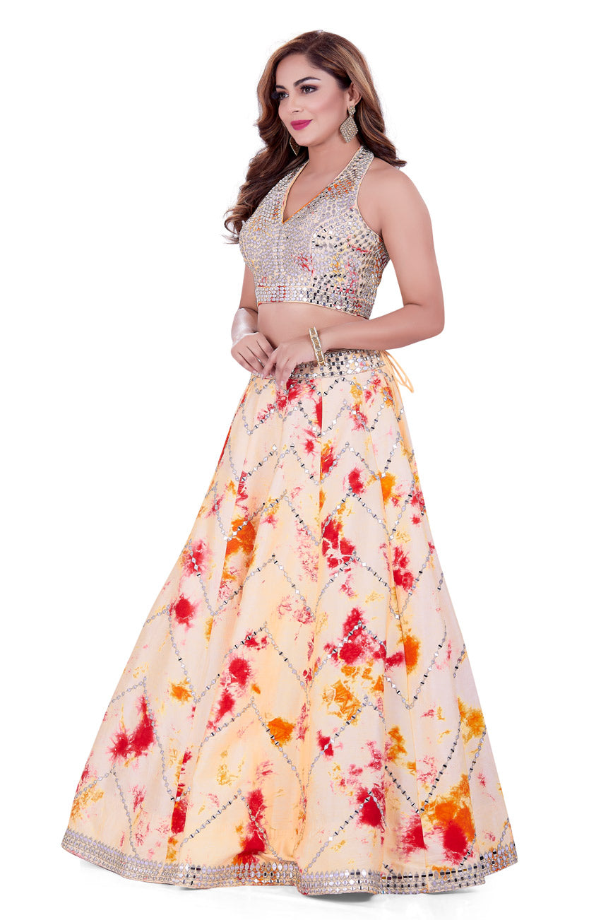 Peach Mirrorwork Halter Neck Tie-Dye Lehenga Set-AariAmi Boutique