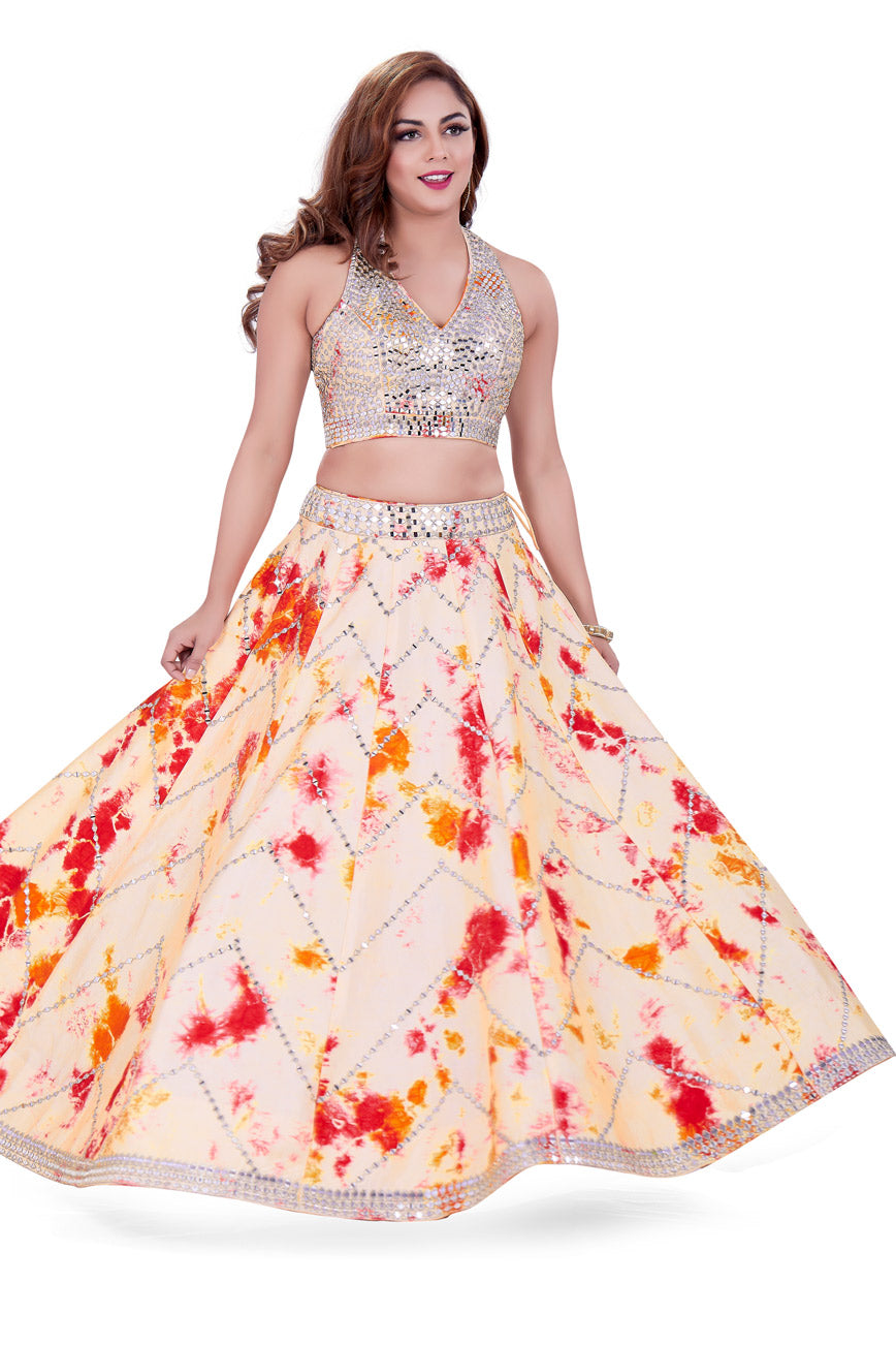 Peach Mirrorwork Halter Neck Tie-Dye Lehenga Set-AariAmi Boutique