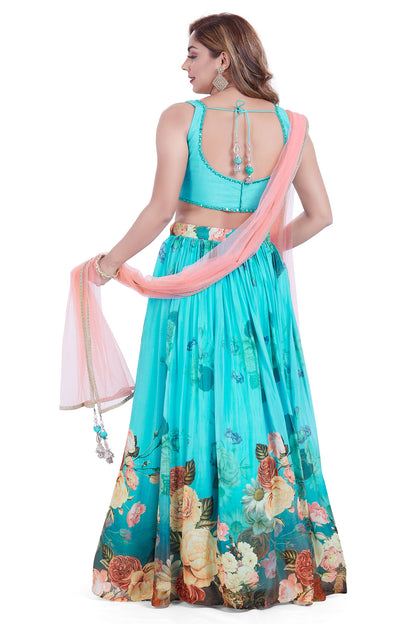 Turquoise Blue Floral Printed Mirrorwork Crop Top Lehenga Set-AariAmi Boutique