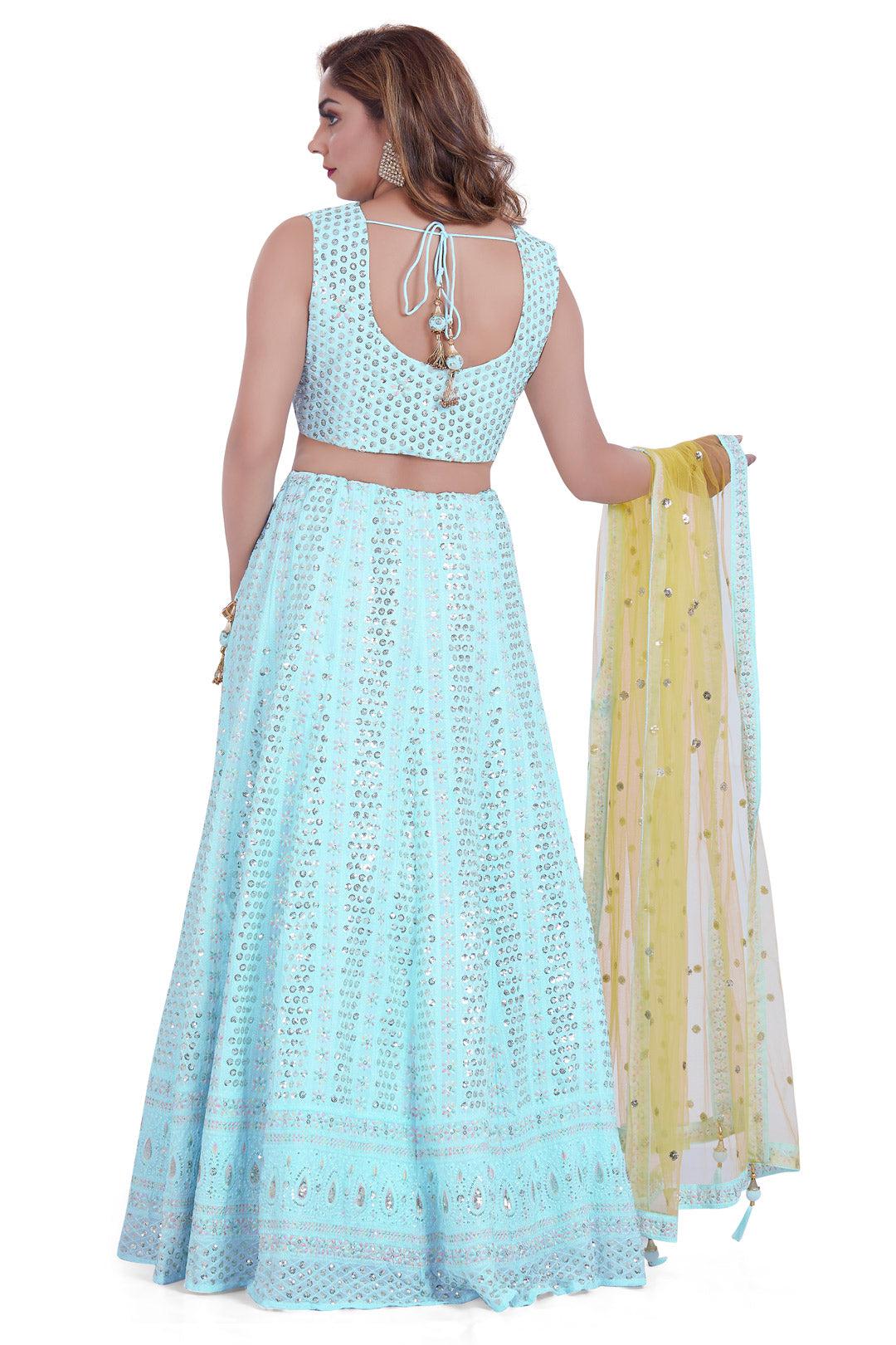 Pastel Blue and Yellow Lucknowi Embroidered Sequin Lehenga Set-AariAmi Boutique