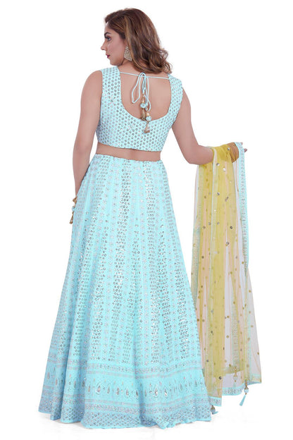 Pastel Blue and Yellow Lucknowi Embroidered Sequin Lehenga Set-AariAmi Boutique