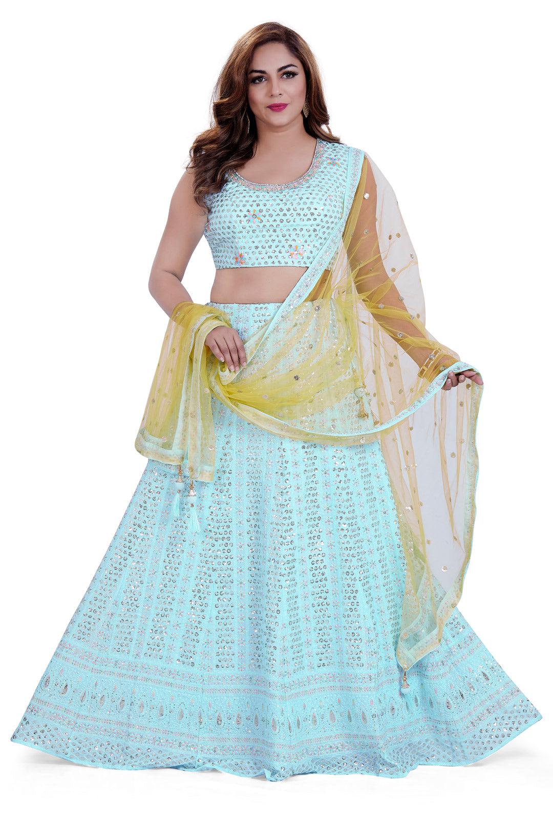 Pastel Blue and Yellow Lucknowi Embroidered Sequin Lehenga Set-AariAmi Boutique