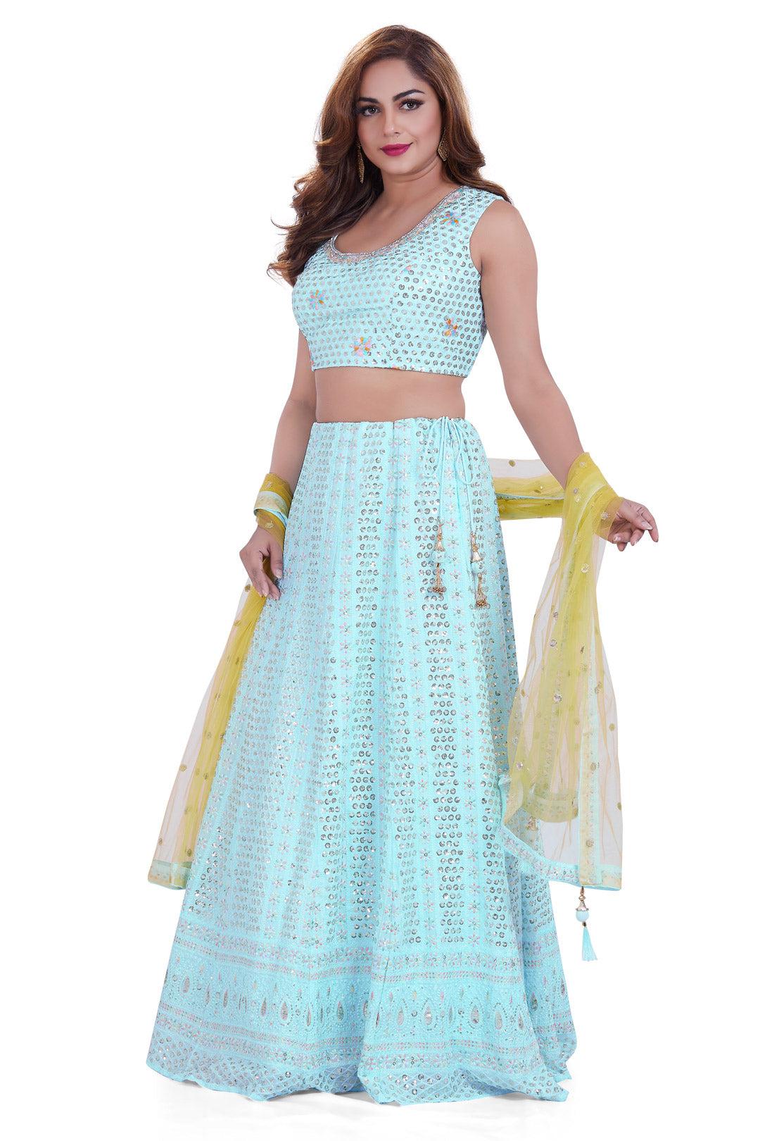 Pastel Blue and Yellow Lucknowi Embroidered Sequin Lehenga Set-AariAmi Boutique