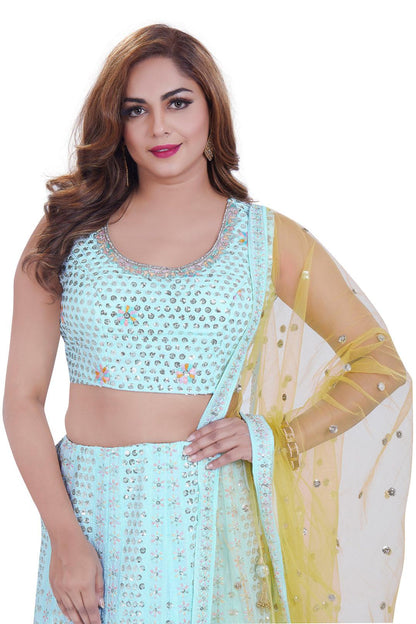 Pastel Blue and Yellow Lucknowi Embroidered Sequin Lehenga Set-AariAmi Boutique