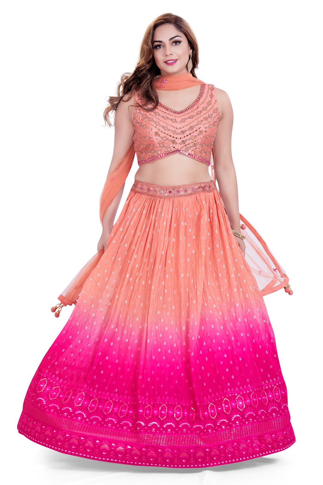 Peach to Pink Ombre Lucknowi Embroidered Lehenga Set-AariAmi Boutique