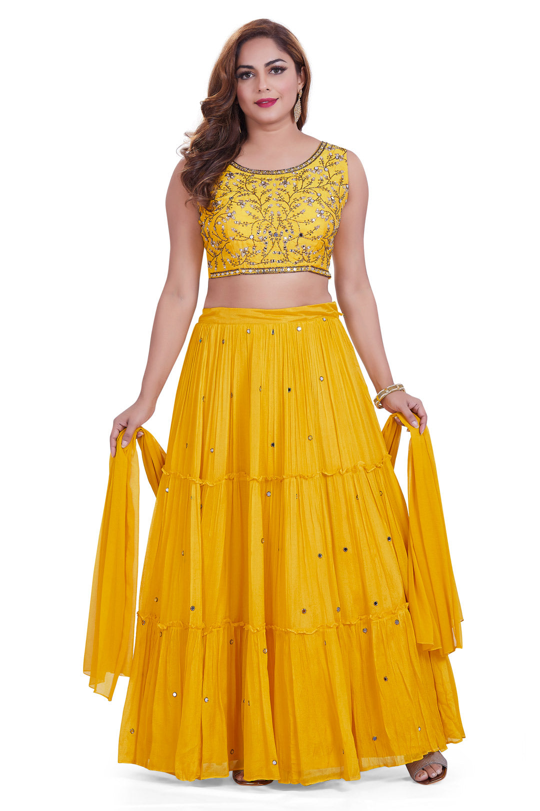 Sunshine Yellow Mirrorwork Crop Top Tiered Lehenga Set-AariAmi Boutique