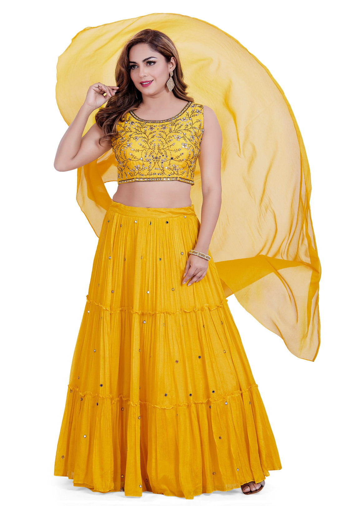 Sunshine Yellow Mirrorwork Crop Top Tiered Lehenga Set-AariAmi Boutique