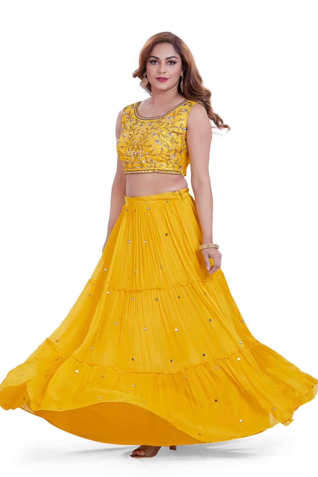 Sunshine Yellow Mirrorwork Crop Top Tiered Lehenga Set-AariAmi Boutique