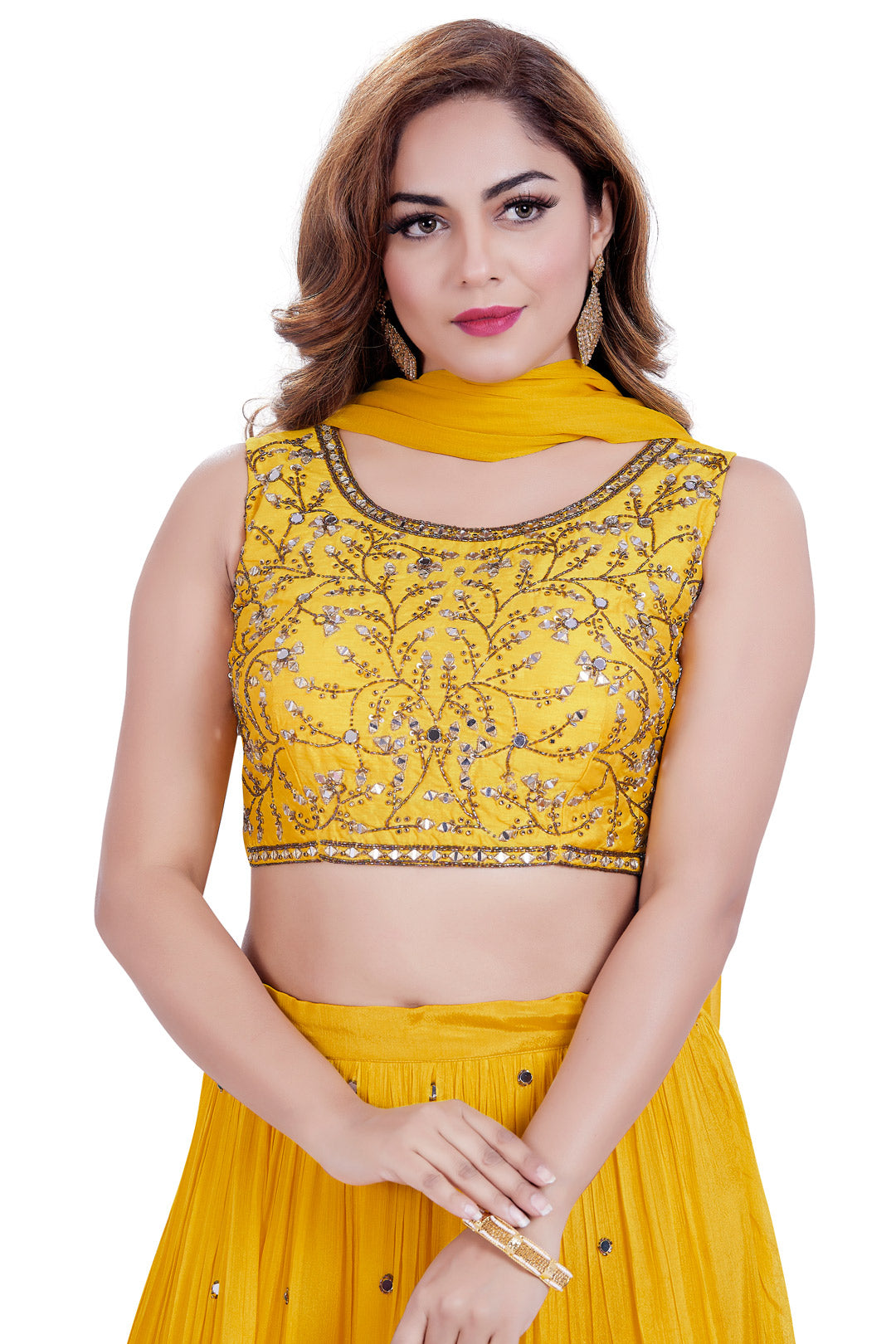 Sunshine Yellow Mirrorwork Crop Top Tiered Lehenga Set-AariAmi Boutique