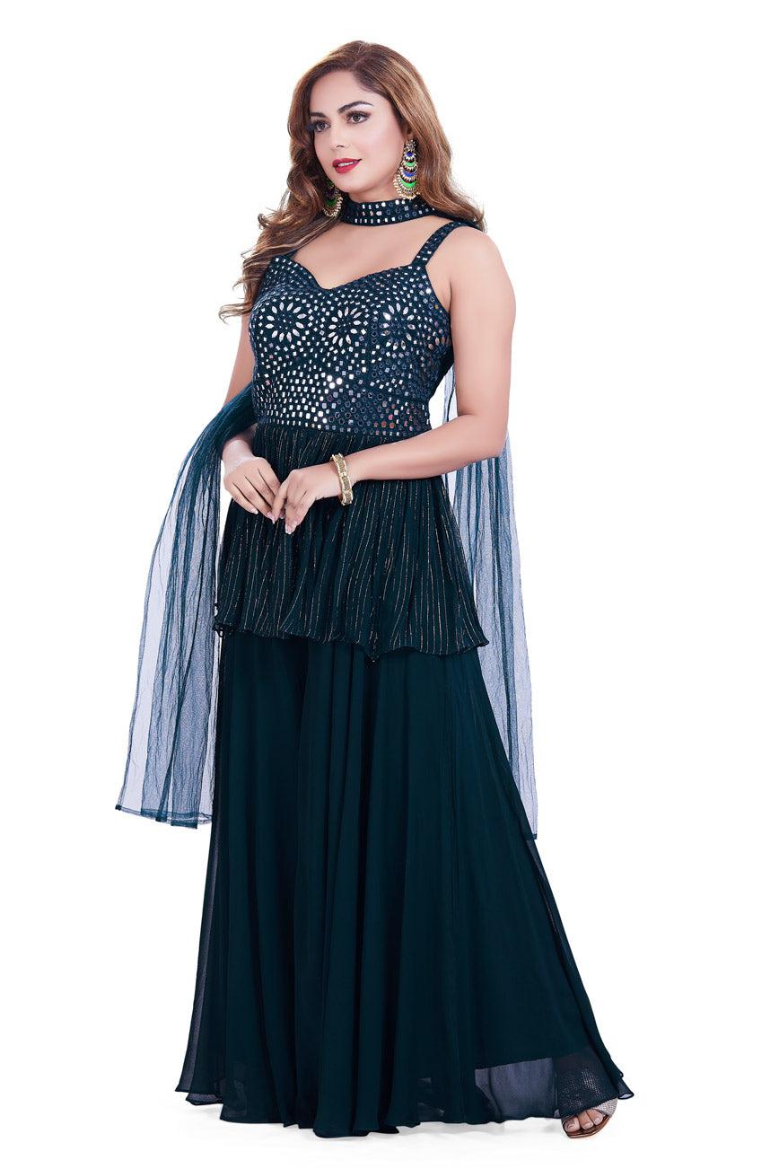 Magnificent Midnight Blue Mirrorwork Palazzo Set-AariAmi Boutique