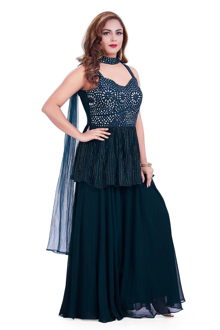 Magnificent Midnight Blue Mirrorwork Palazzo Set-AariAmi Boutique