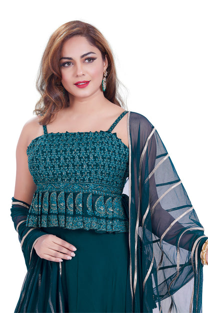 Teal Lucknowi Embroidered Sequin Embellished Palazzo Set-AariAmi Boutique