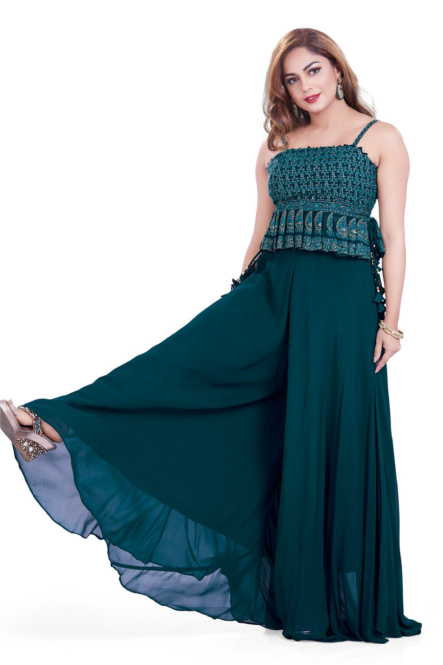 Teal Lucknowi Embroidered Sequin Embellished Palazzo Set-AariAmi Boutique