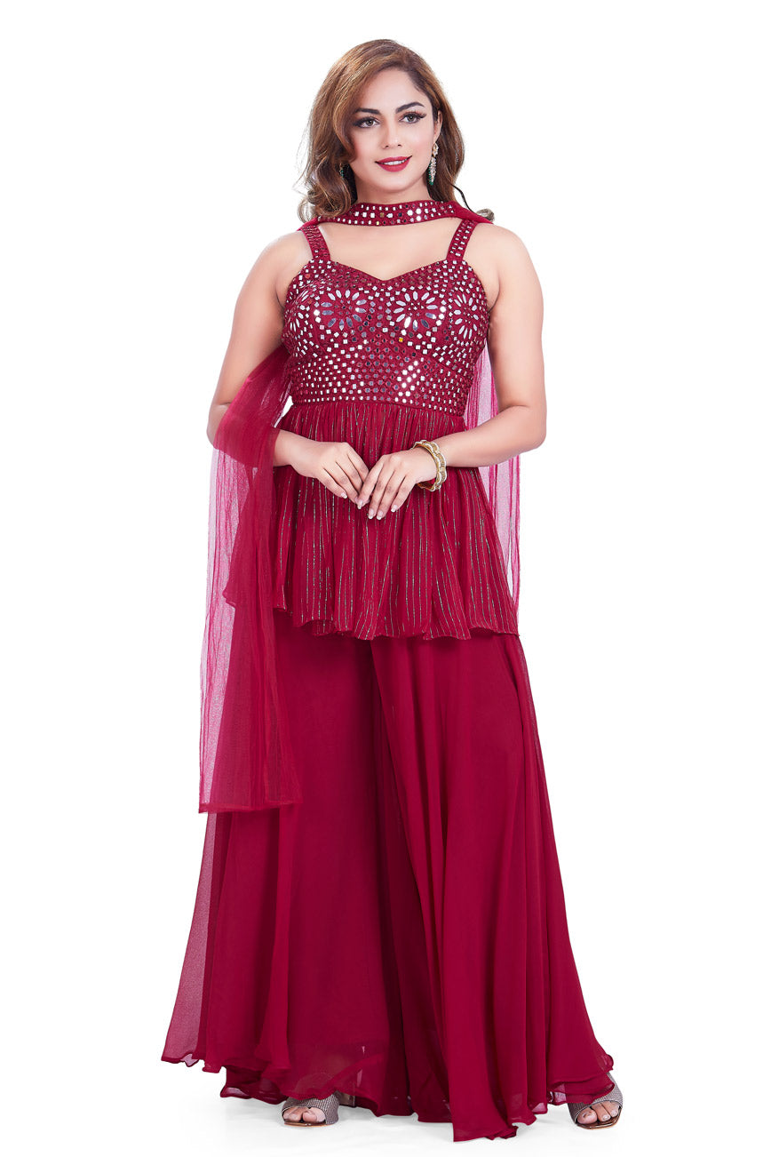 Ruby Red Mirrorwork Palazzo Set-AariAmi Boutique