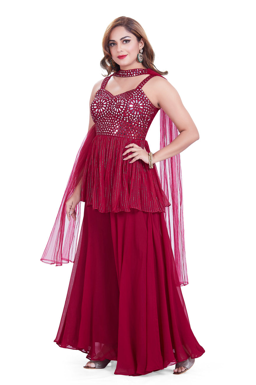 Ruby Red Mirrorwork Palazzo Set-AariAmi Boutique
