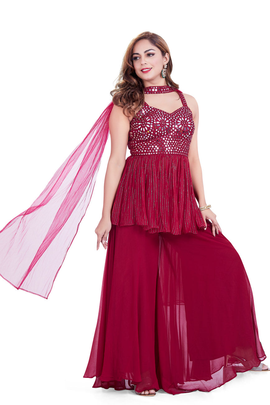Ruby Red Mirrorwork Palazzo Set-AariAmi Boutique