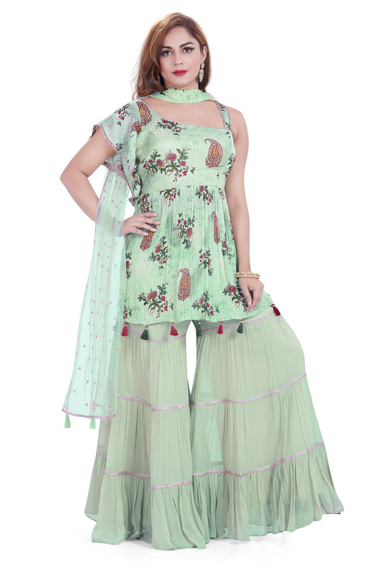 Sea Green Floral Printed Gharara Set-AariAmi Boutique