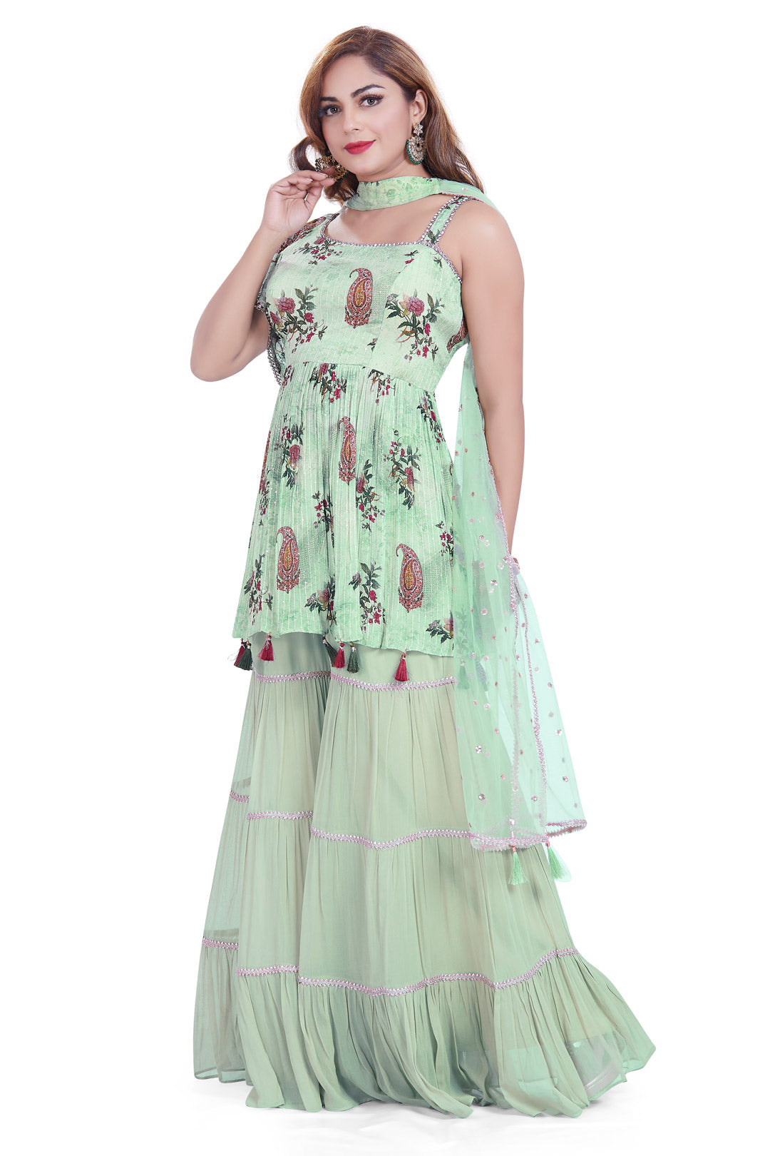 Sea Green Floral Printed Gharara Set-AariAmi Boutique