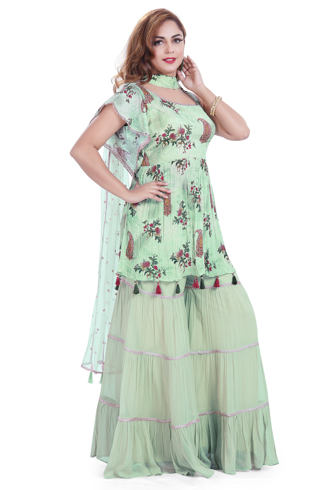 Sea Green Floral Printed Gharara Set-AariAmi Boutique