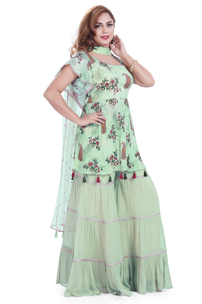 Sea Green Floral Printed Gharara Set-AariAmi Boutique
