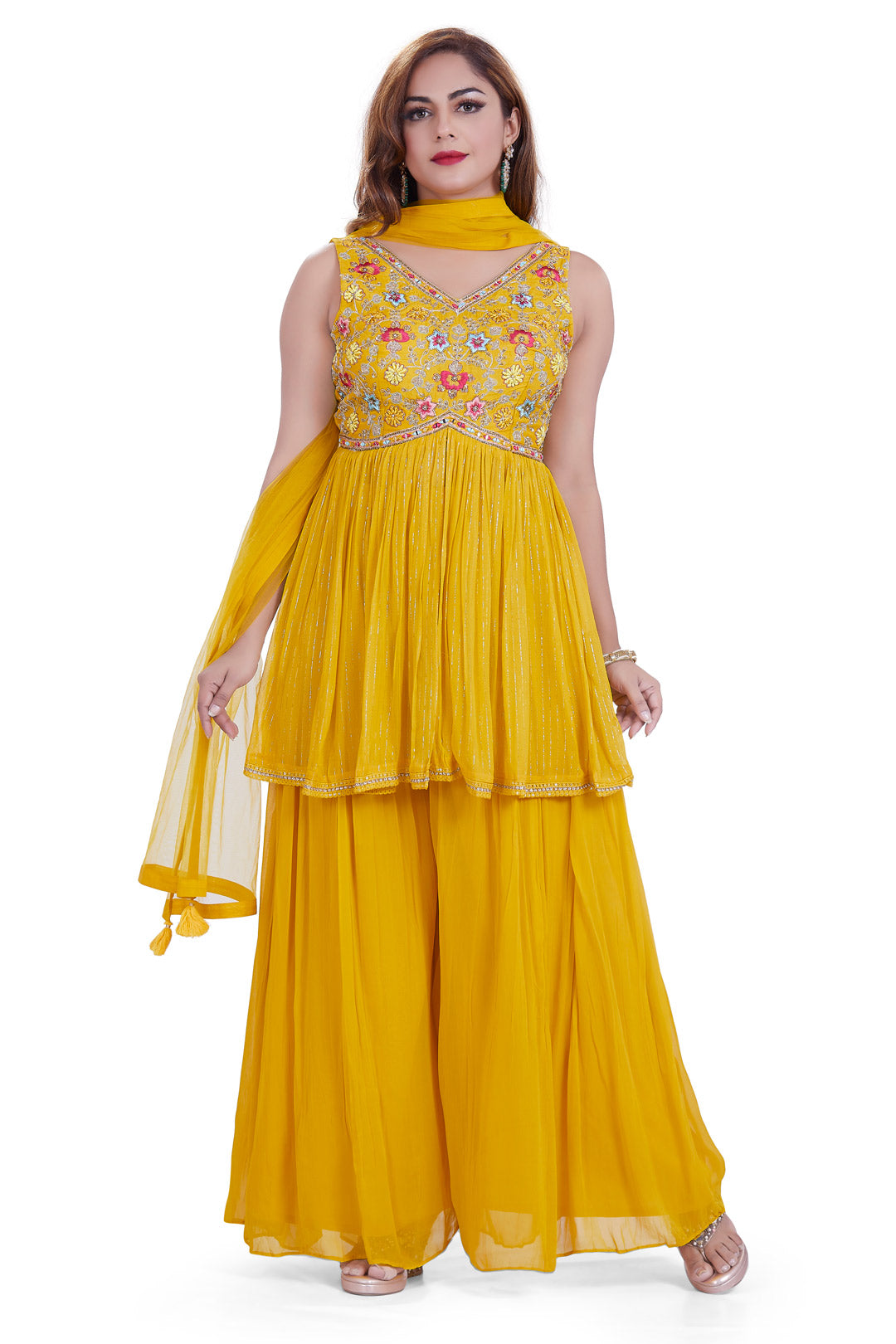 Golden Yellow Embroidered Shimmery Top Palazzo Set-AariAmi Boutique