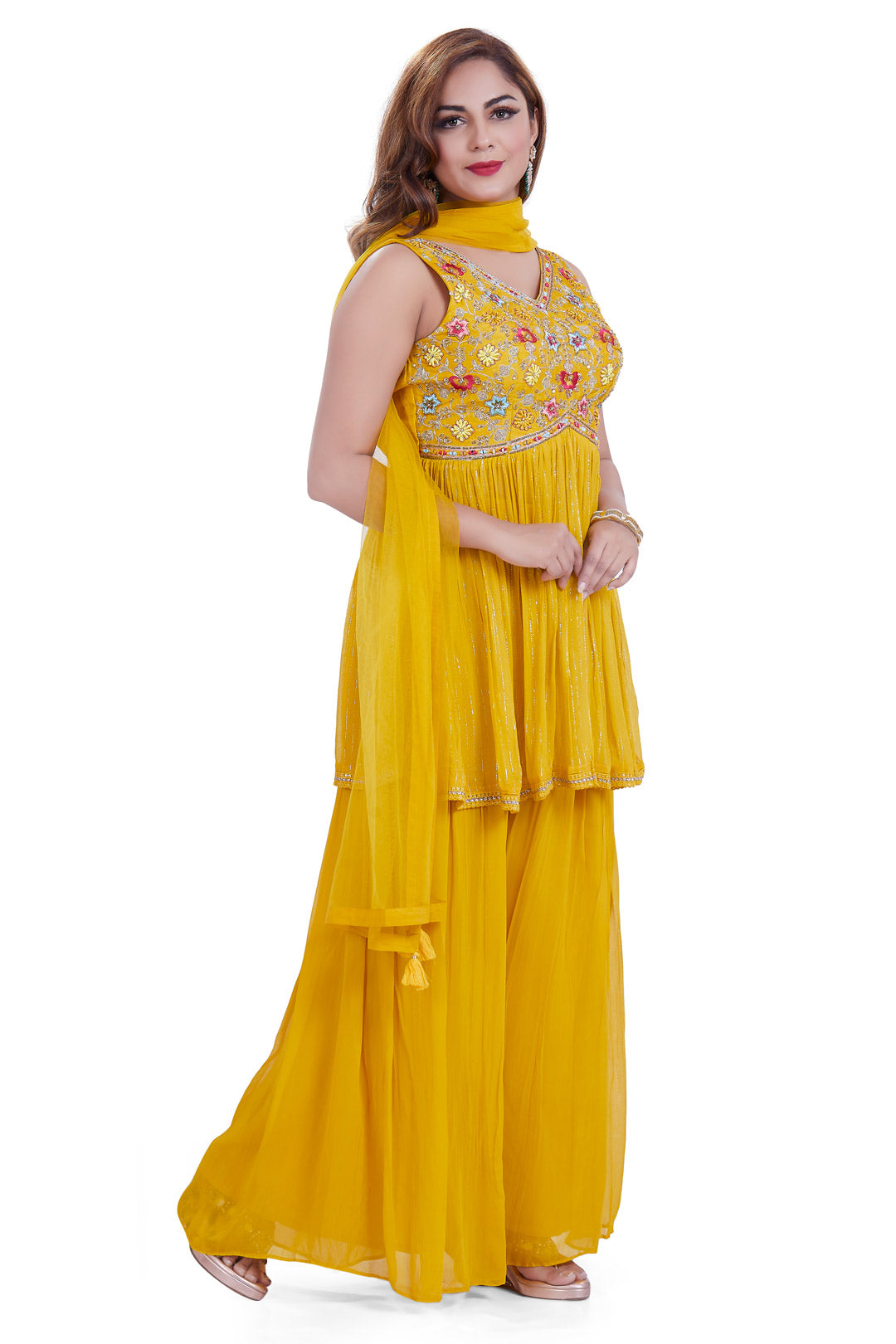 Golden Yellow Embroidered Shimmery Top Palazzo Set-AariAmi Boutique