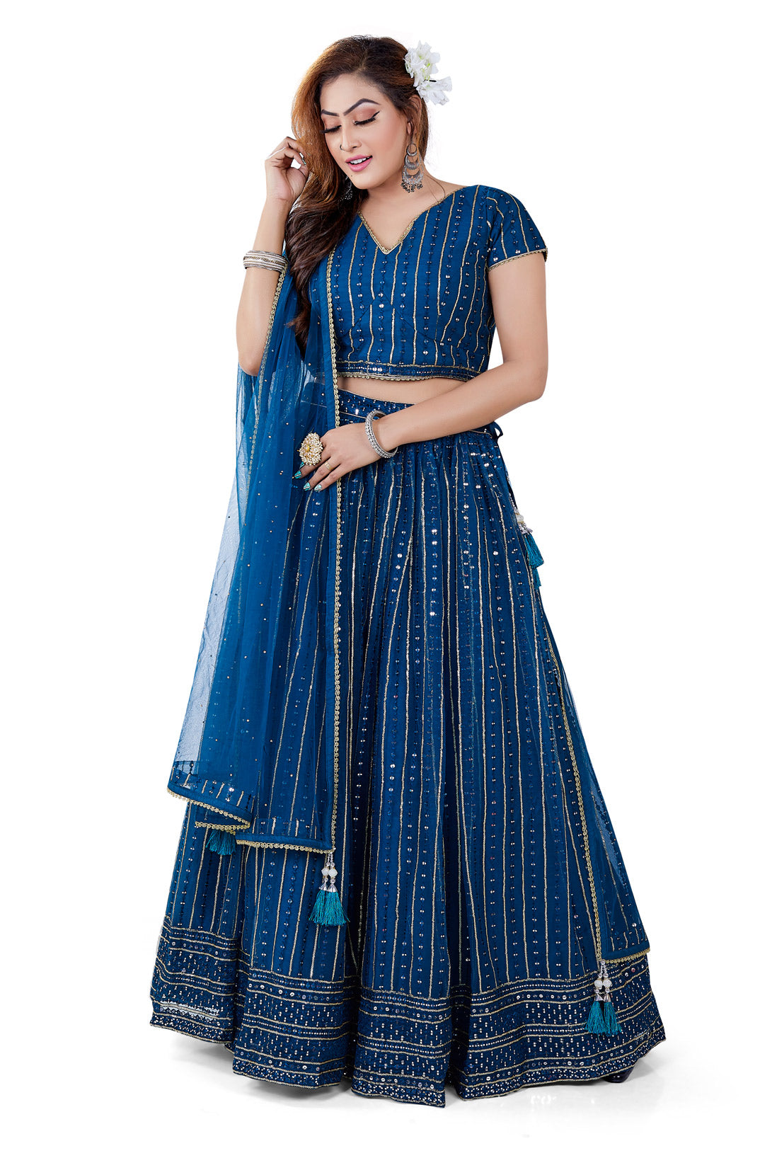 Royal Blue Monochrome Sequin Studded Lehenga Set-AariAmi Boutique