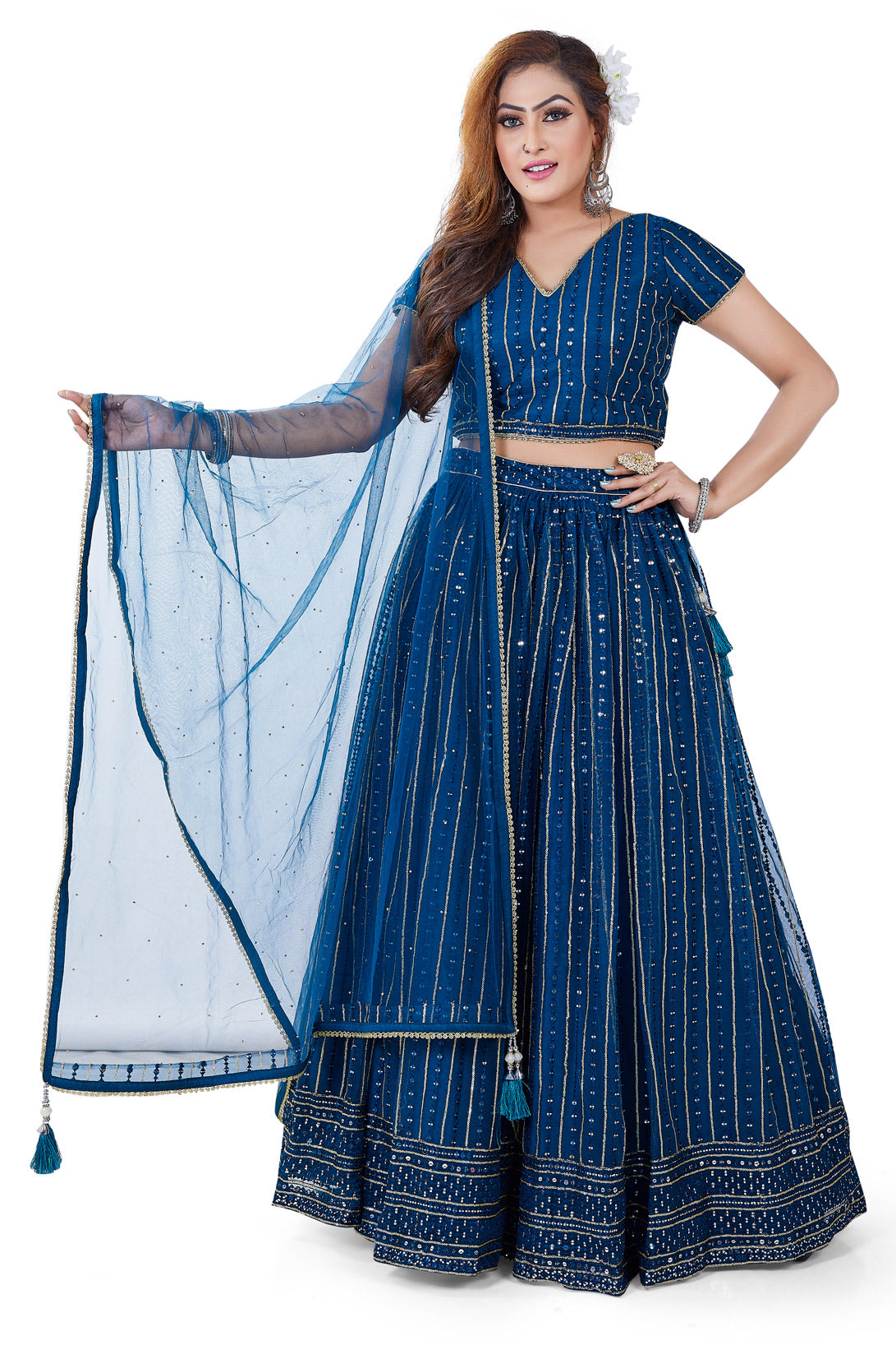 Royal Blue Monochrome Sequin Studded Lehenga Set-AariAmi Boutique